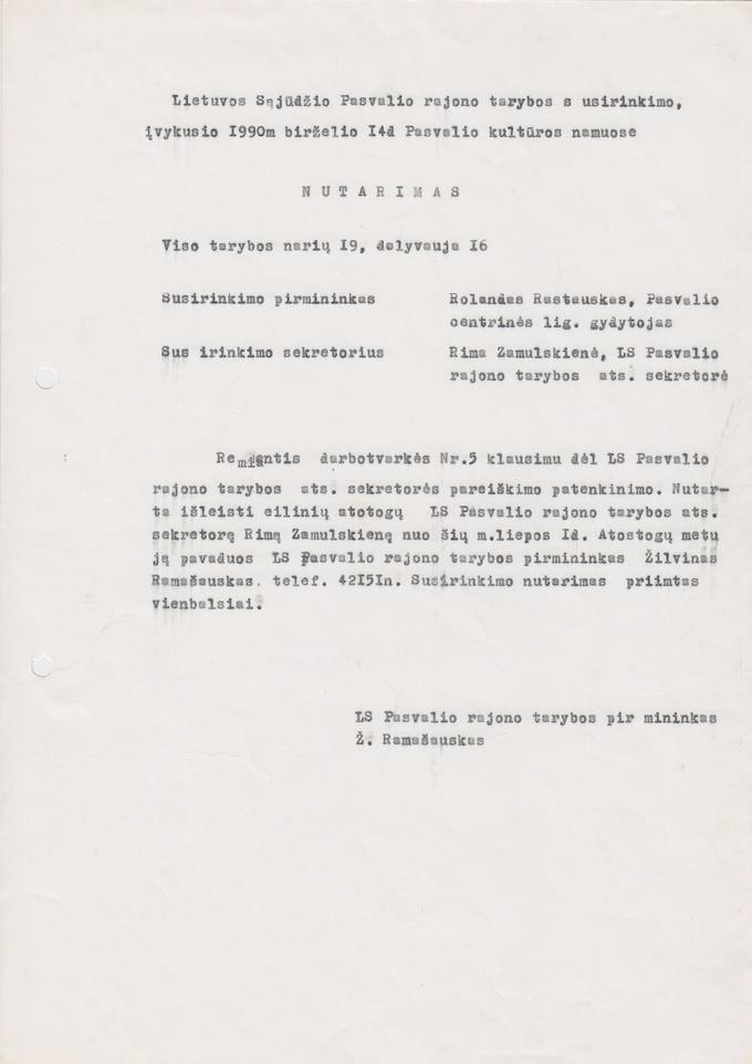 Lietuvos Sąjūdžio Pasvalio rajono tarybos susirinkimo, įvykusio 1990 m. birželio 14 d. Pasvalio kultūros namuose, NUTARIMAS